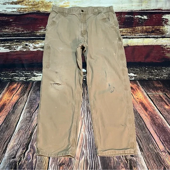 Tan Carhartt carpenter cargo workwear pants original dungaree fit size 34x29 - Picture 2 of 13